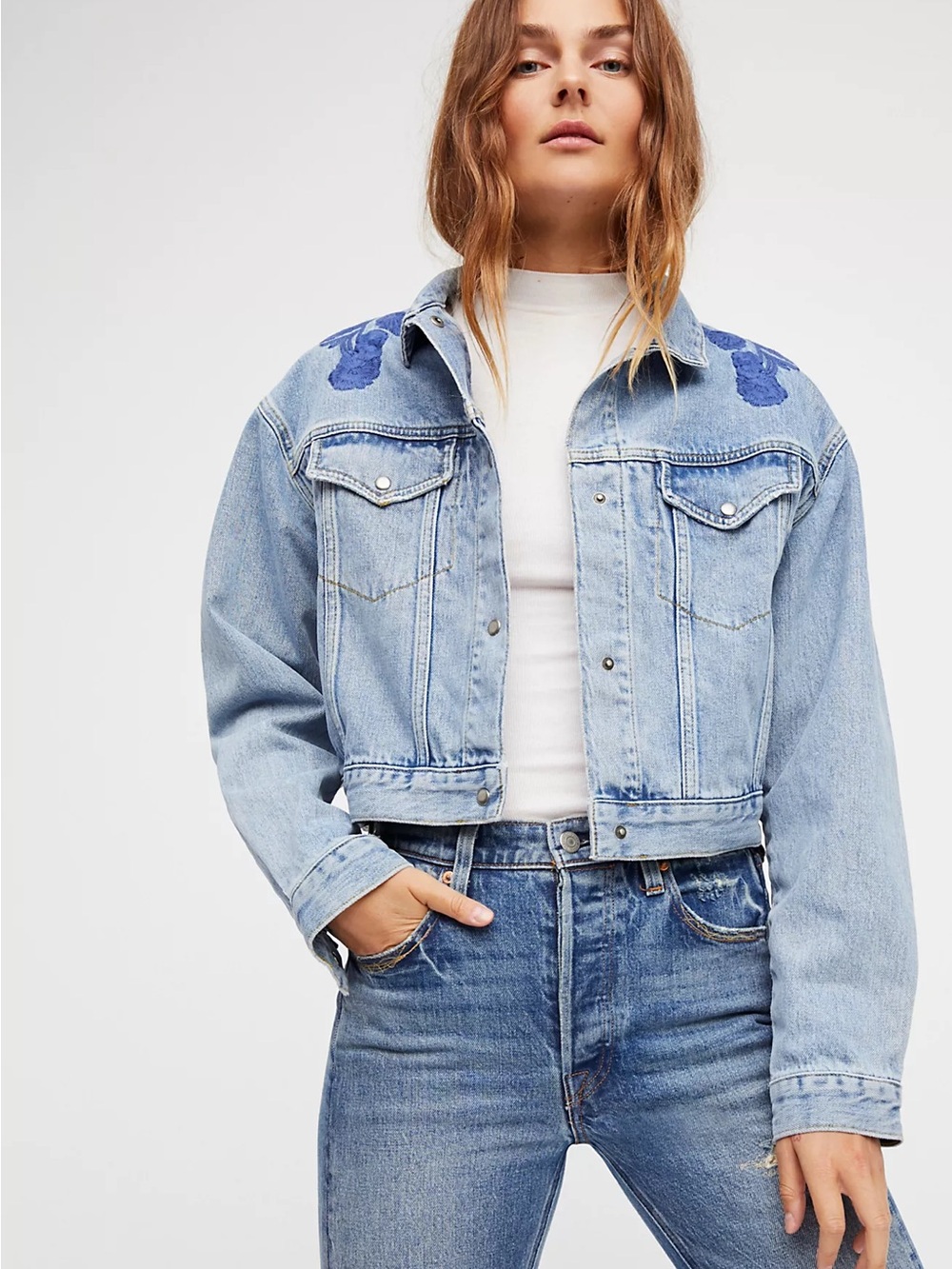 Free People Light Blue Denim Jacket with Blue Floral Embroidery